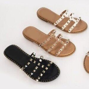 Studded Sandals Slide Black Gold  Women Size 7.5 Casual Summer Shoe Punk Grunge